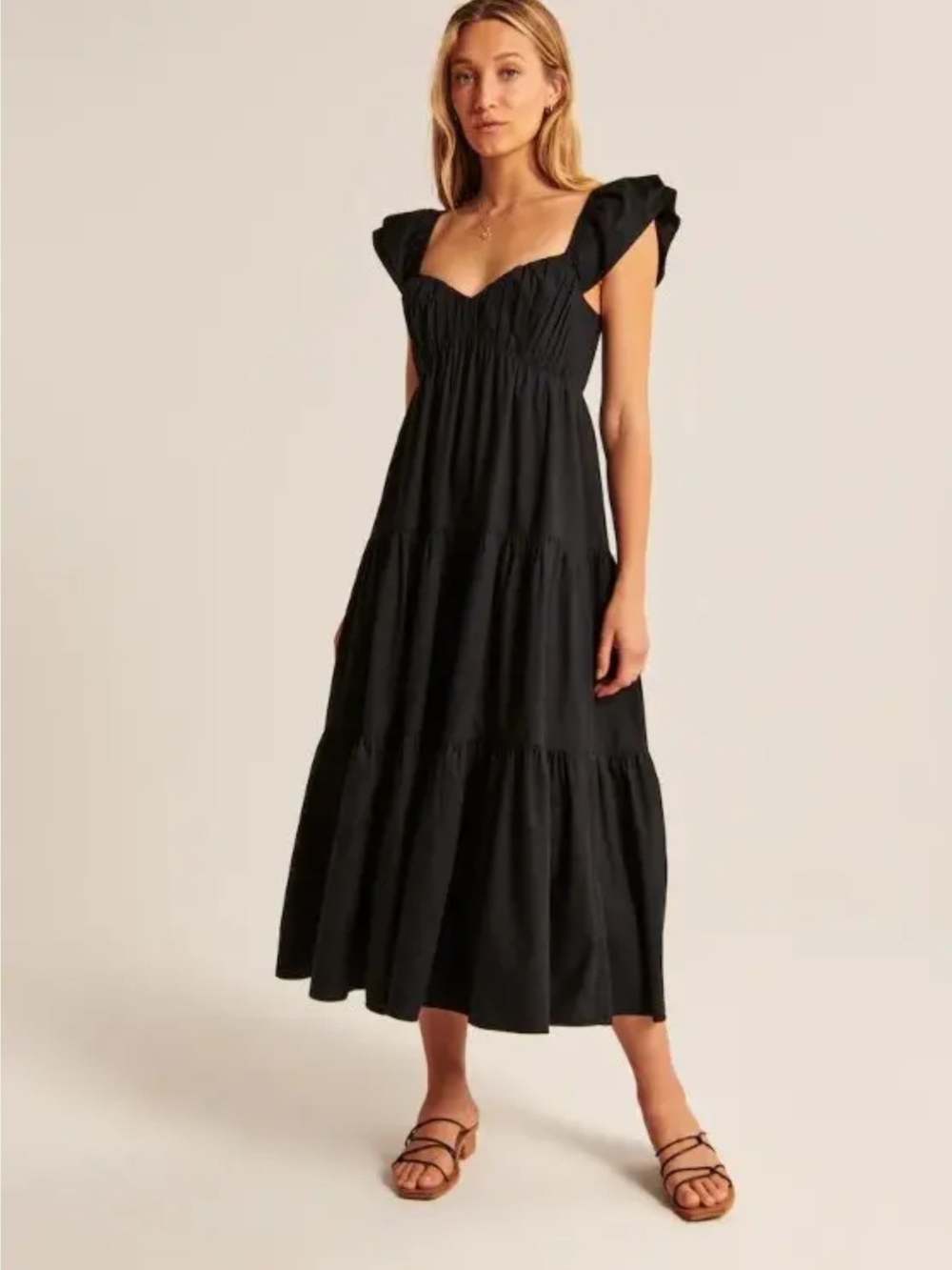 {Abercrombie & Fitch} Ruffle Sleeve Tiered Poplin Midi/Maxi Dress - Picture 3 of 16